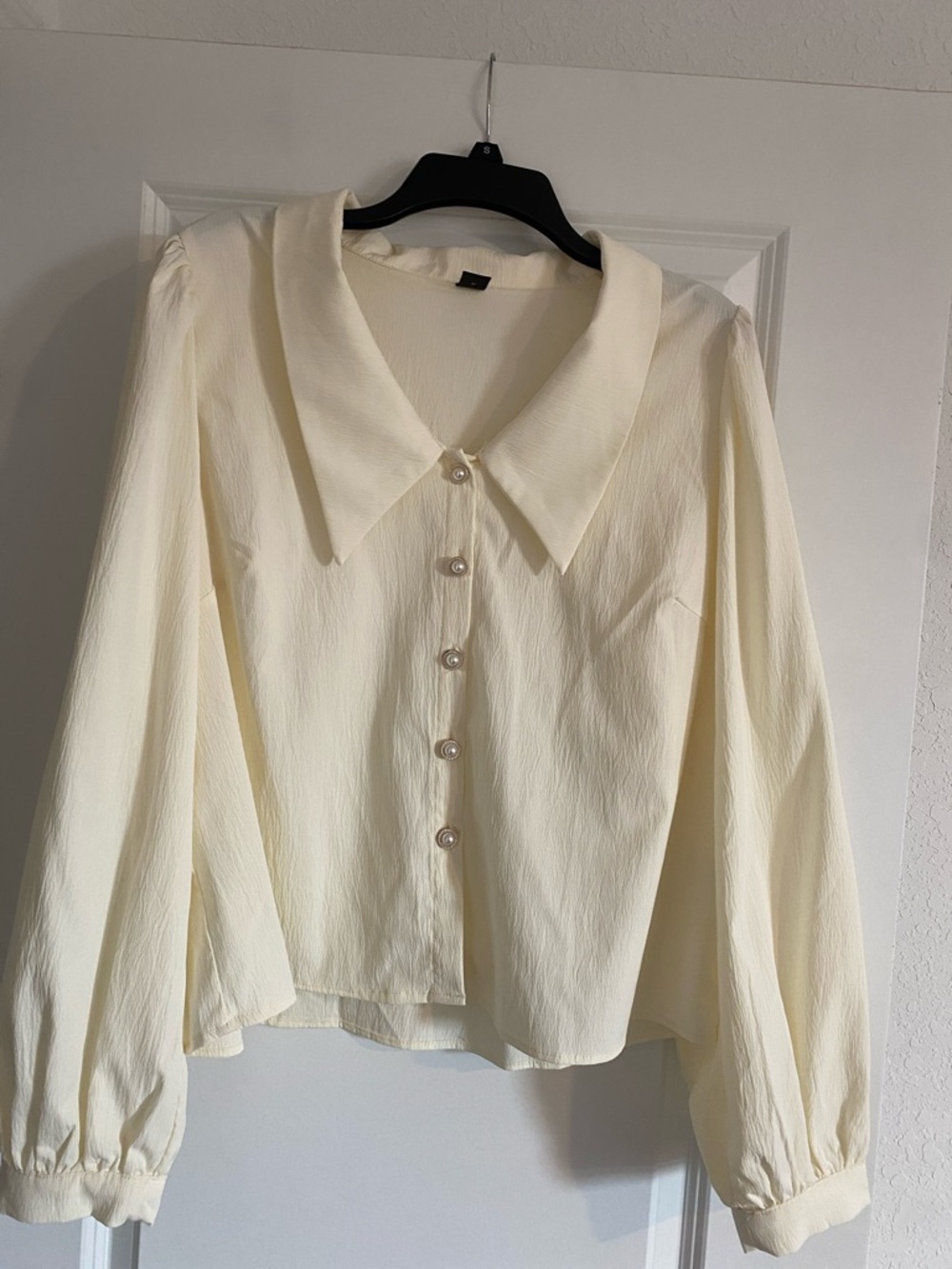 SHEIN Cream Long-Sleeve Button Down Blouse with Point Collar